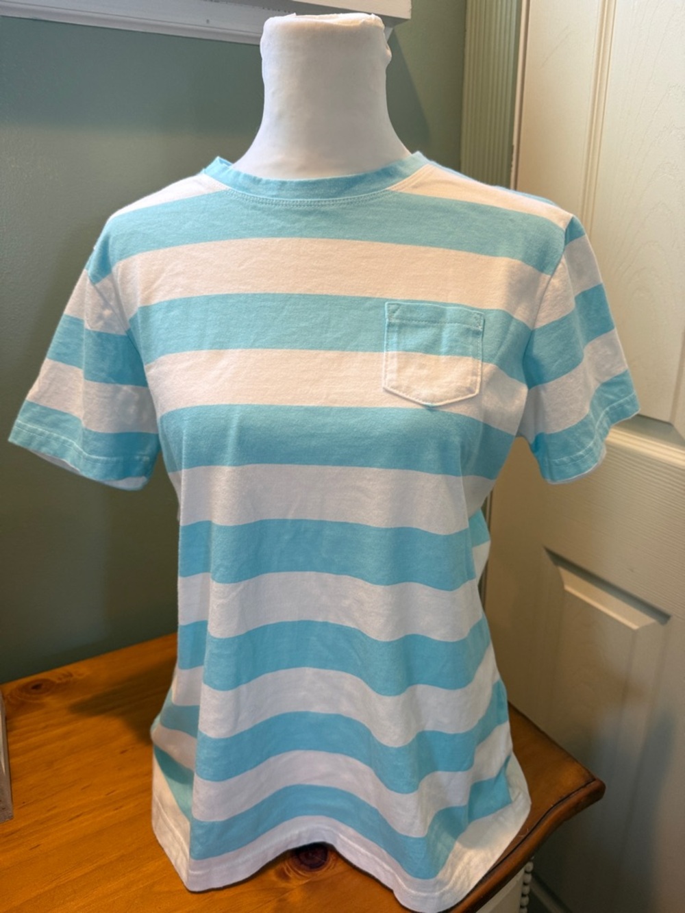 Talbots Aqua and White Striped Pocket Tee - Picture 1 of 4